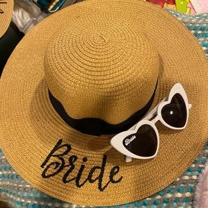 Bride floppy straw hat & heart sunglasses